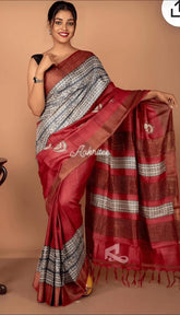 saree - tussar - zari - border - block - print - red - s10021 EOFY - 15% - Saree - Aakritee - S10022